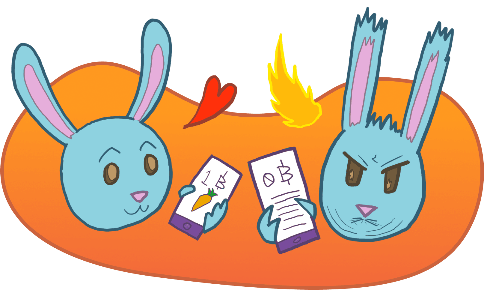 Two bunnies testing bitcoin wallets on their phones