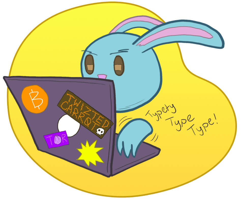 Bunny hacking on bitcoin at its laptop